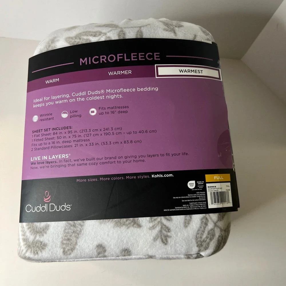 Cuddl‎ Duds MicroFleece Full Sheet Set Foliage Polyester Gray White NIP
